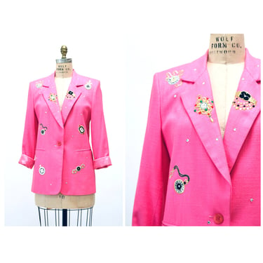 80s 90s Vintage Pink Patch Jacket Blazer with Rhinestones and Watch patches Pink Blazer Size Small Medium Rhinestone Party Linen Jacket 