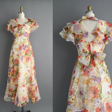vintage 1960s Fluttery Sleeve Floral Print Garden Party Dress - Small 