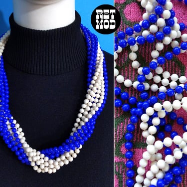 Fabulous Vintage 60s 70s Blue & White Multi-strand Beaded Statement Necklace 