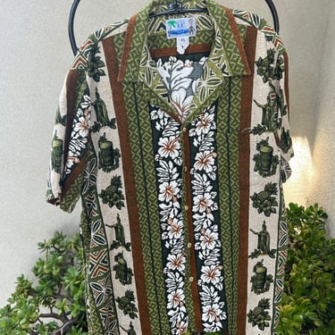 Vintage Hawaiian Mens shirt green tones barkcloth Sz XL by RJC Ltd 