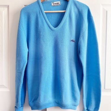 LARGE Vintage IZOD Lacoste Mens Light Sky Blue, V Neck, Pullover, Sweater, Knit Shirt, Preppy 