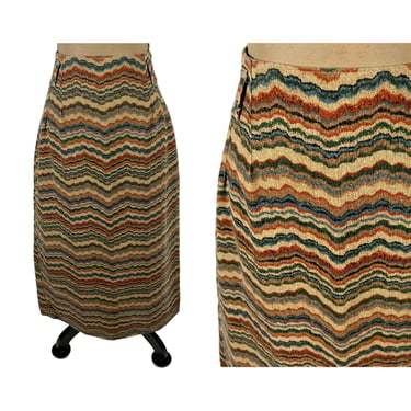 80s Plus Size Maxi Skirt XL, Wavy Desert Stripe, Cotton High Waist Long Straight Skirt 33 Waist with Belt Loops, 1980s Clothes Women Vintage 