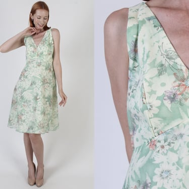 70s Summer Prairiecore Halter Dress / Shadow Floral Prairie Style / Picnic Open Back Mid Length Sundress 