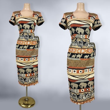 VINTAGE 80s Tribal Animal Print Rayon Sarong Dress by Jessica Howard Elephants Camels | 1980s Sexy Tiki Wiggle Pin-Up Dress | vfg 
