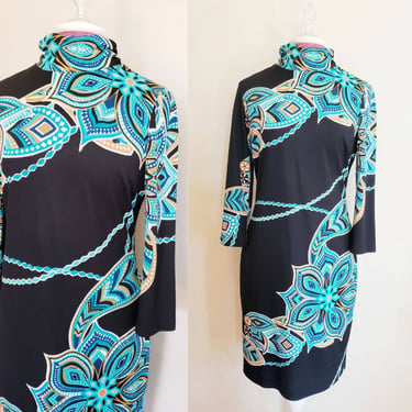 90s does 60s Psychedelic Print Dress by Cache / Turquoise Blue Black Graphic Print Long Sleeved Dress Pucci Style / Med / Polly 