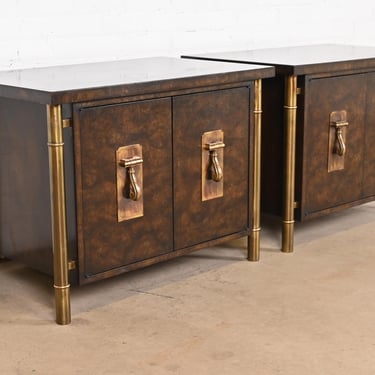 Bernhard Rohne for Mastercraft Hollywood Regency Burl Wood and Brass Nightstands, 1970s
