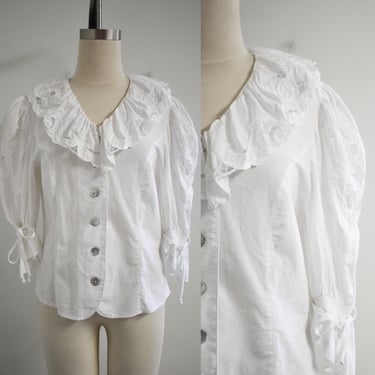 1980s White Cotton and Battenberg Lace Blouse 