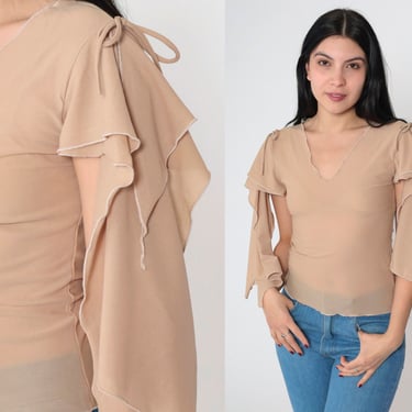 Sheer Mesh Top Y2K Draped Cap Sleeve Shirt Nude Tan Blouse Party Glam Going Out V Neck Flounce Tight Bodycon Top Vintage 00s Small S 