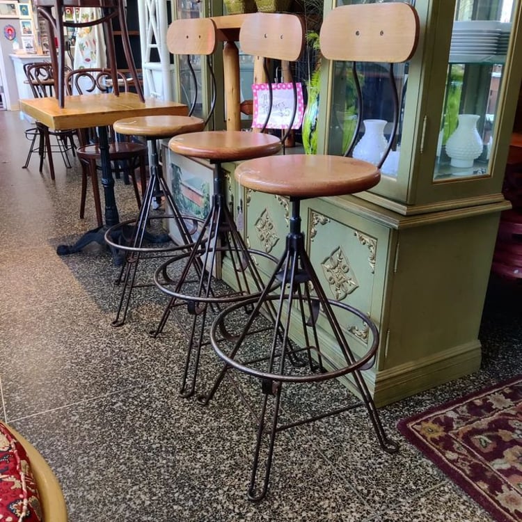 Industrial architectural bar stools with backs. $135 each we have several Base is 18" x 18" 44" to top of back and foot rest is 12"…