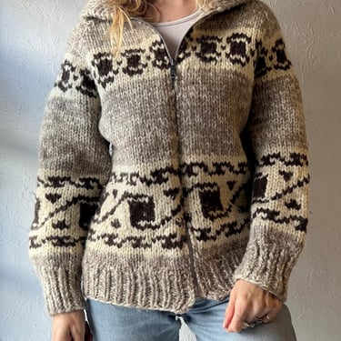Vintage Hand Knit Zip Up Wool Sweater / Medium 