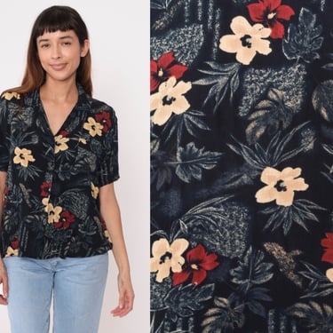 90s Floral Blouse Black Tropical Rayon Short Sleeve Shirt Button Up Top Flower Print Vintage Collared Red Yellow Oversize Medium 