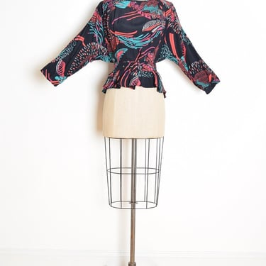 vintage 80s top black draped dolman batwing abstract print blouse shirt L XL clothing 
