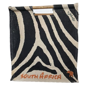 South Africa Vintage Canvas Signed Tote, Zebra Bag, Zebra Print Bag, Wood Handle Tote, 1995 Tote, Vintage Tote Bag, Souveneir Canvas Tote 