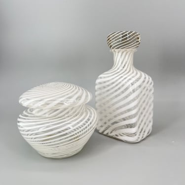 Vintage Optic Art Murano White Swirl Italian Art Glass Container & Bottle, Venini Style 