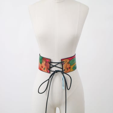 1960s Deadstock Painted Lady Face Leather Belt Faux Peter Max
