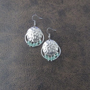 Sea green frosted glass and hammered silver chandelier earrings 
