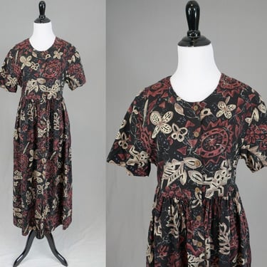 Vintage Hawaiian Dress - Long Tropical Nature Print - Black Brown Blue-Gray - Hilo Hattie Made in Hawaii - Size M 
