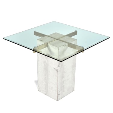 Maitland-Smith Style Brass and Glass Travertine Stone Pedestal Cocktail Table 