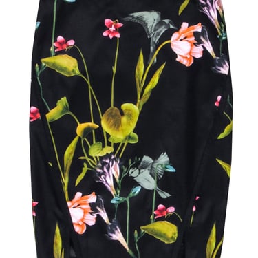 Ted Baker - Black & Multi Color Floral Hummingbird Print Pencil Skirt Sz 4