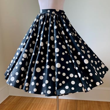 1950'S Full Circle Skirt -Floating Bubble Polka Dots - Black & White All Cotton -Skirt Sweep Incredible 480 inches! - 26 Inch Waist 