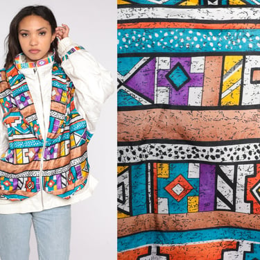 Geometric Print Windbreaker 90s Zip Up Jacket White Southwestern Warmup Track Jacket Hipster Retro Vintage 1990s Streetwear Extra Large xl 