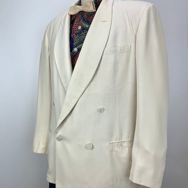 1940s Dble Breasted Tuxedo Jacket - Shawl Collar - AFTER SIX - Cream Colored Cotton or Linen - Shoulder Pads - Lined - Size LARGE 44-46 