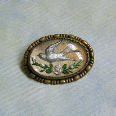 Victorian Reverse Painted Goofus Glass Bird Brooch Pin; Goofus Glass Bird Pin, Mercury Glass Pin (#4043) 