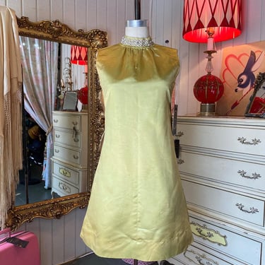 Vintage 1960s cocktail dress 60s sheath chartreuse, silk satin beaded neck s/m 