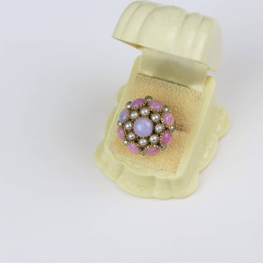 Vintage 1960s cocktail ring, opal, pearl, Judy Lee, princess, mid century jewelry, adjustable size 