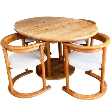 Round Post Modern Brutalist MCM Beech Dining Table + 6 Chairs, 9 Pcs Set 