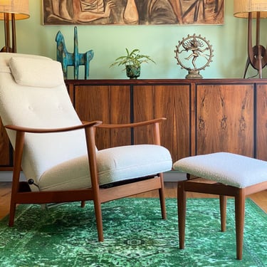 Mid Century Modern Teak Lounge chair & Ottoman by Westnofa (Newly Reupholstered), C. 1960s - Please ask for a shipping quote before you buy. 