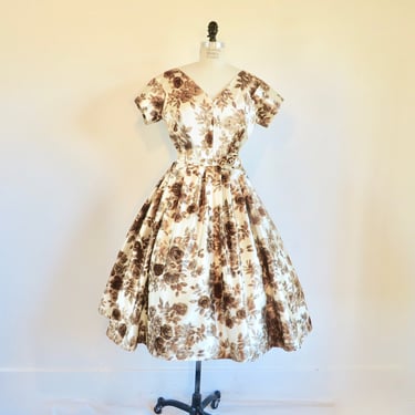 1950's Brown Ivory Creme Rose Print Silk Satin Flocked Fit and Flare Party Dress Full Skirt Evening Cocktail Rockabilly Swing 30" Waist Med 