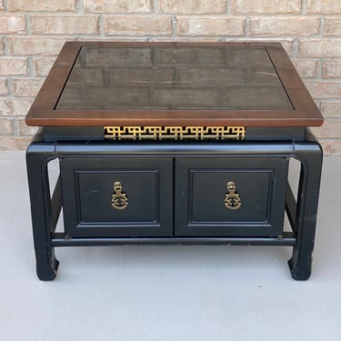 Mid Century Chinoiserie, James Mont Style, Lacquered Coffee Table with Inset Marble Top 