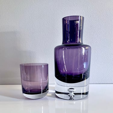 Krosno Crystal Nightstand or Bedside Table Water Decanter, Carafe with Tumbler Cup Lid - Poland, Pitcher, Purple Clear Cased Glass, Bubble 