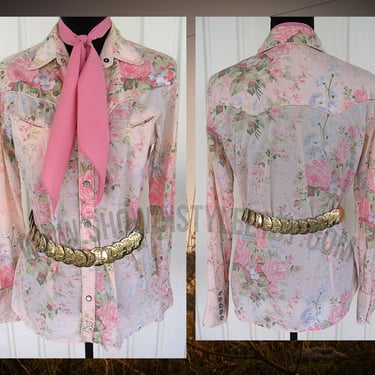 Ralph Lauren Vintage Retro Women's Cowgirl Western Shirt, Pink Pastel Print, Long Sleeves, Tag Size Medium (see meas. photo) 