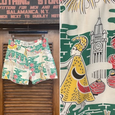 Vintage 1940’s Hula Girl Tropical Natives Rayon Hawaiian Swim Trunks, Walking Shorts, Rare Design, 40’s Vintage Clothing 