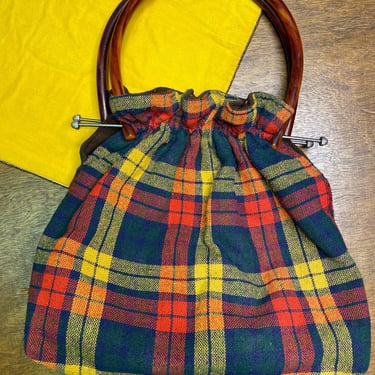 Vintage Plaid Purse with Bakelite Handle 70s Handmade Bag 