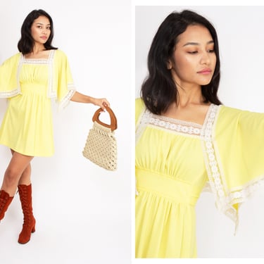 Vintage 1970s 70s Lemon Yellow Mini Dress w/ Crochet Lace Trim, Square Neckline, Angel Sleeves 