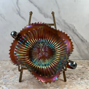 Vintage Northwood Carnival Glass Amethyst Butterfly Design Nappy Candy Dish 