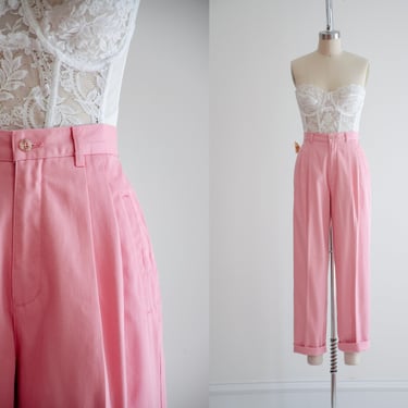 high waisted pants | 80s 90s vintage bubblegum pink cotton pleated straight leg trousers 