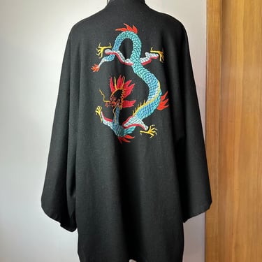 Vintage black wool Kimono style robe with Embroidered Dragon~ large open size~ unisex Androgynous type Jacket lightweight knit woolen 