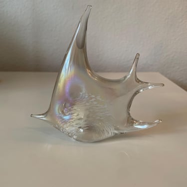 Vintage Iridescent Clear Angel Fish Art Glass Figurine White Scales 3.5