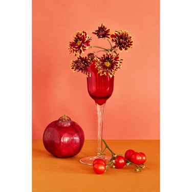 Still Life With Red Glass, Pomegranate, and Flowers: Archival Pigment Print, Fine Art Photo, Whimsical Floral Print, Dutch Still Life 