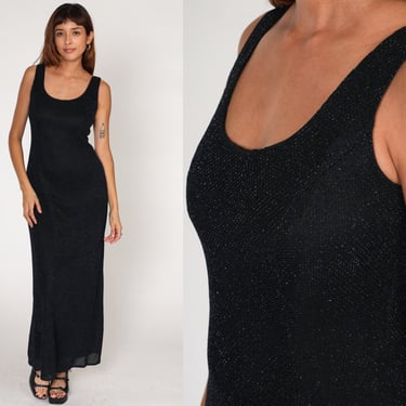Long Metallic Dress 90s Black Party Dress Sparkly Silver Maxi Dress Sleeveless 1990s Glittery Bodycon Scoop Neck Vintage Cocktail Small 6 