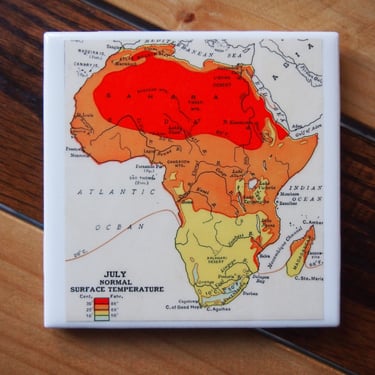 1937 Africa Temperature Map Coaster. Africa Map. Vintage Africa Decor. Science Gift. Office Coasters. Climate Map. Sahara Desert. Kalahari. 