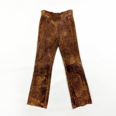 Y2K Carla Dawn Behrle Bespoke Soft Suede Stretch Leather Pants / Flare / Bootcut / Distressed / Brown / Light Brown / 00s / Xtina / Small 