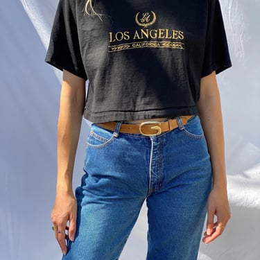 90s Crop Top /Los Angeles Novelty Vacation Cotton Tshirt / Cropped Tee Shirt / Black and Gold Shirt 
