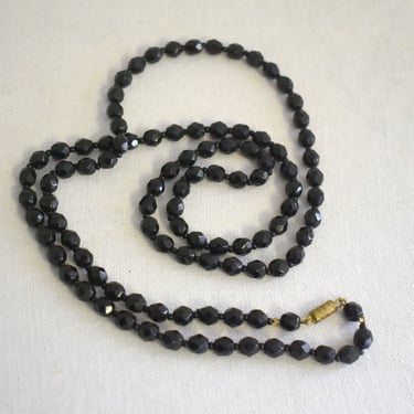 1940s Black Faceted Glass Bead Long Necklace 