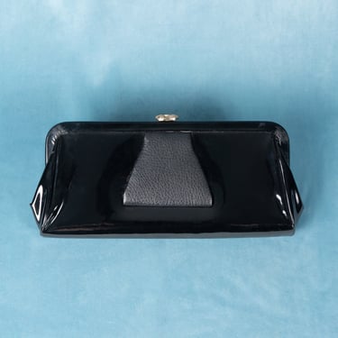 Vintage 1960s Black Patent Leather Clutch Purse with Gold Tone Decorative Clasp and Wrist Chain 