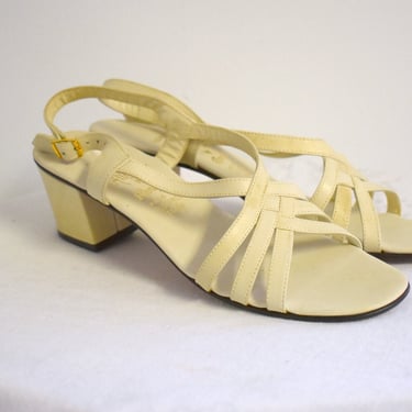 1970s Amalfi Beige Leather Heeled Sandals, Size 7 1/2 S 